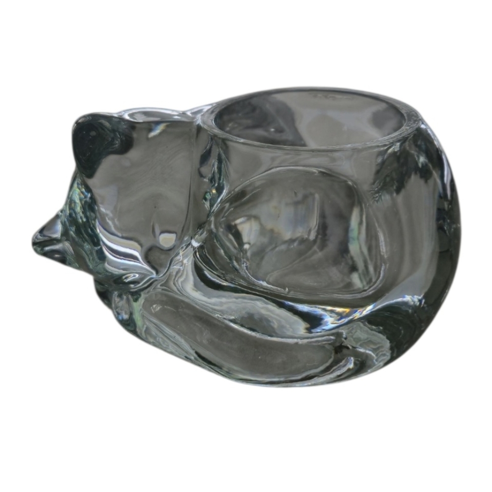 Vintage Indiana Clear Glass Curled Up Cat for Votive Candles.